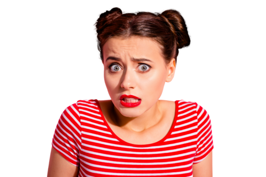 Close up photo beautiful she her lady pretty buns unexpected news big eyes opened mouth speechless oh no face awkward shame eyes wear casual striped red white t-shirt isolated pink background
