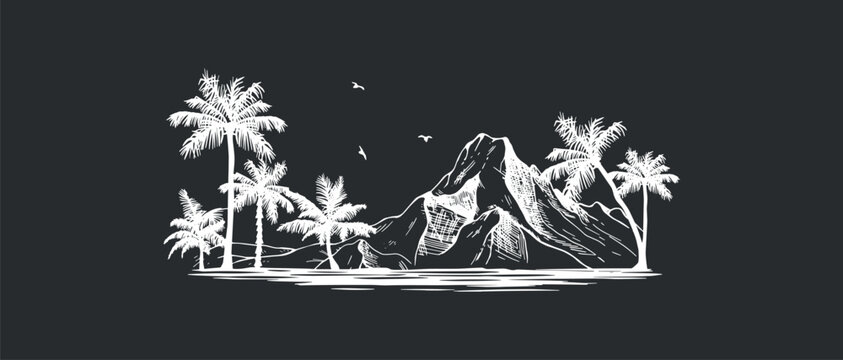 mountain landscape with palm trees vector sketch on black background. tropical mountain landscape with palm trees and ovean vector sketch on black chalk background