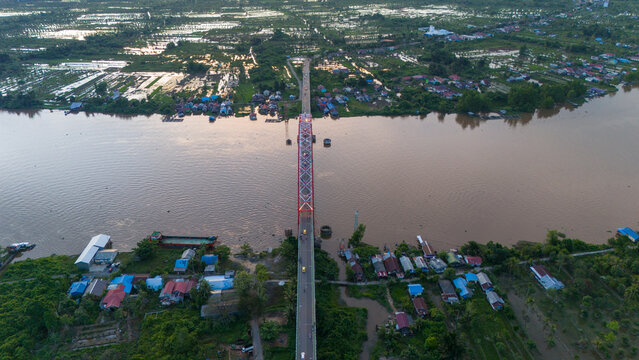 Rumpiang Bridge in the afternoon, a bridge that stretches over the Barito river, Marabahan city, Barito Kuala district, South Kalimantan