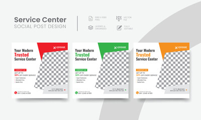 Service center social media post template for tech, & car repair creative banner ads. Functional servicing center social media flyer layout concept. Vol - 20