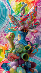 Vibrant Psychedelic Sculpture Against Patterned Background
