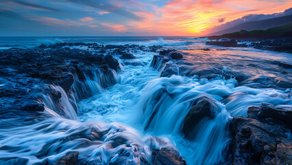 Dramatic Sunset Over Rugged Coastal Waterfall
