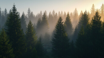 Obraz premium the pine tree forest is illuminated by the afternoon light