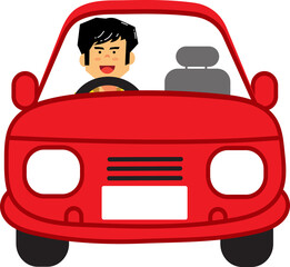 man driving a red car