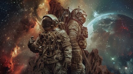 Obraz premium Russian cosmonauts, ancient gods, and alien robots stand back to back against the backdrop of outer space. starry sky