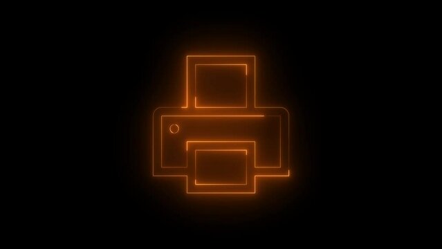 Neon glowing brown color printer icon on black background animation