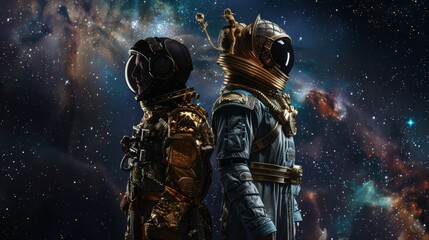 Russian cosmonauts, ancient gods, and alien robots stand back to back against the backdrop of outer space. starry sky