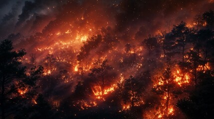 Intense wildfire consuming forest at night