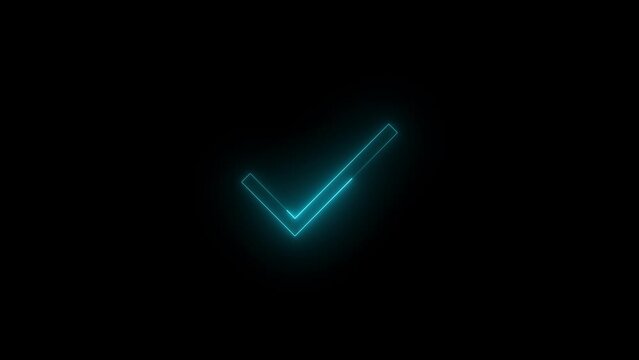 Neon glowing cyan color check mark icon on black background animation