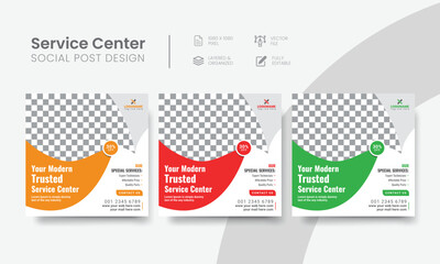 Service center social media post template for tech, & car repair creative banner ads. Functional servicing center social media flyer layout concept. Vol - 23