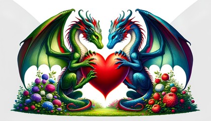 dragons, love, heart,illustration,fantasy,affection, whimsical art,dragon love,magical creatures,colorful,vibrant, romantic fantasy, digital art,mythical beasts,enchantment.