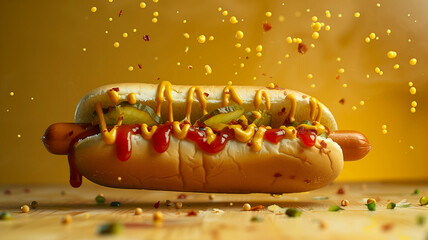 A tempting hot dog drizzled with spicy mustard, tangy ketchup, and tangy pickles, captured in a dynamic, action-oriented shot. Ai generated