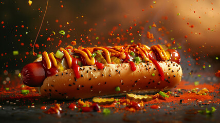 A tempting hot dog drizzled with spicy mustard, tangy ketchup, and tangy pickles, captured in a dynamic, action-oriented shot. Ai generated
