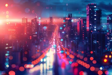 Captivating Blurred Cityscape with Glowing Skyscrapers and Vibrant Nighttime Lights