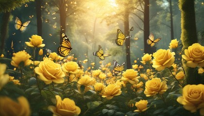  a whimsical illustration of a magical forest glade where yellow and rainbow roses bloom abundantly, attracting a kaleidoscope of butterflies with their sweet nectar."