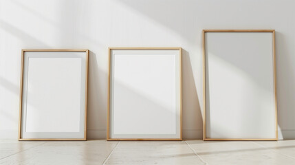 Three blank frames against a white wall.