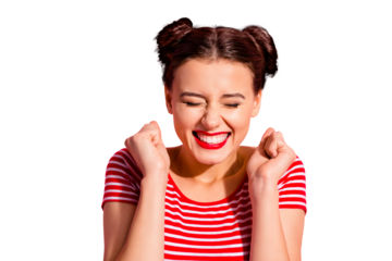 Close-up portrait of her she nice-looking cute charming sweet winsome attractive lovely cheerful cheery teen girl holding fists closed eyes yes cool isolated over pink pastel background
