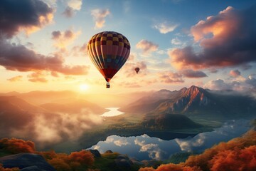 Two hot air balloons is flying over beautiful landscape with mountains and lake on sunrise. Sky with clouds. Warm and peaceful atmosphere. Generative ai. Fantasy colors.