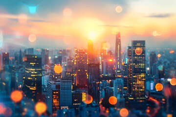 Vibrant Blurred Cityscape Backdrop of a Thriving Urban Center at Sunrise or Sunset