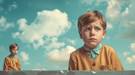 Advertising - Photo of a camping platform Picture of one sad child and one happy child.