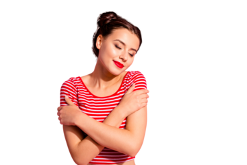 Portrait of her she nice-looking cute charming winsome tender lovely lovable attractive calm girl wearing striped t-shirt embracing herself closed eyes isolated over pink pastel background