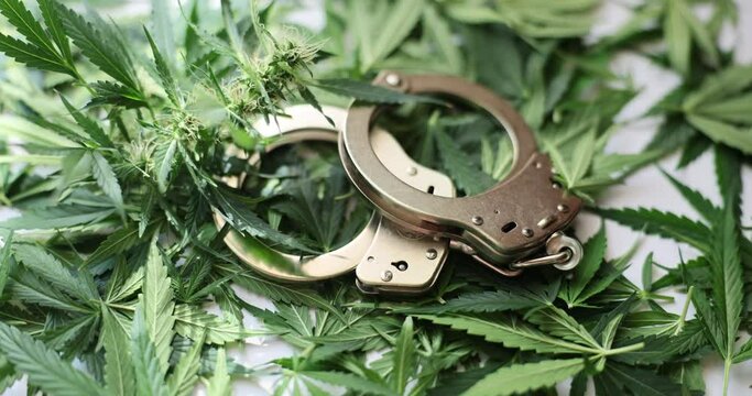 Handcuffs lying on heap of fresh cannabis leaves on table. Arrest for illegal growth distribution and consumption of psychoactive marijuana drugs