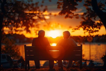 Fototapeta na wymiar Peaceful Sunset Moments:Elderly Friends Sharing a Serene Lakeside Respite
