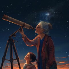 A young girl and her great-grandmother looking through a telescope at night, smiling in awe at the stars.