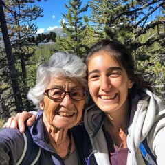 A young woman and her grandmother taking a selfie during a nature hike, both smiling at the camera. 