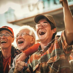 A young man and an elderly man at a baseball game, cheering and smiling as their team scores.
