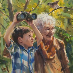 A young boy and his grandmother watching birds through binoculars, both with excited smiles.