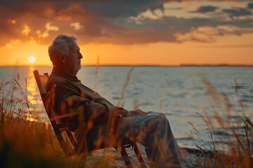 Elderly Adventurer Embraces the Beauty of Summer Evenings by the Serene Lake