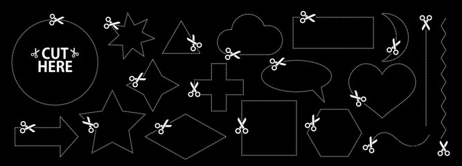 Set of scissors with cut lines. Vector collection of speech bubble, rectangle, star geometric shapes with dashed strokes and scissors cutting the paper by the different lines. White paper cut icons