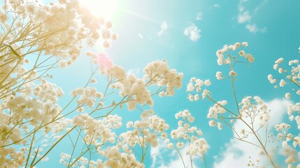 white baby's breath flowers pattern flying against sunny sky