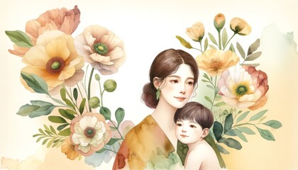 Watercolor illustration of a mother and child embraced by a floral arrangement. Family and love theme suitable for greeting cards, mother's day, nursery decor, and sentimental design projects. - Powered by Adobe