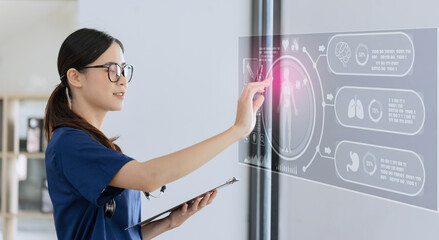 Medicine doctor working with digital healthcare and network connection on hologram modern virtual screen interface icons, Medical technology and healthcare concept.