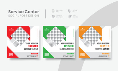 Service center social media post template for tech, & car repair creative banner ads. Functional servicing center social media flyer layout concept. Vol - 28