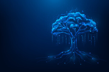tree data storage technology on blue dark background. vector illustration fantastic design. database digital low poly dot and line.