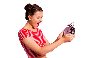 Profile side view portrait of her she nice cute charming attractive glamorous mad girl wearing striped t-shirt holding in hand clock rush hour opened mouth isolated over pink pastel background