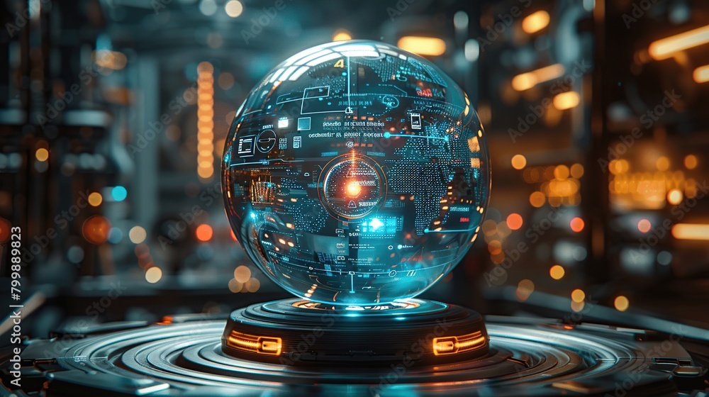 Poster 3D holographic a glowing globe on computer circuit board. Global network technology.