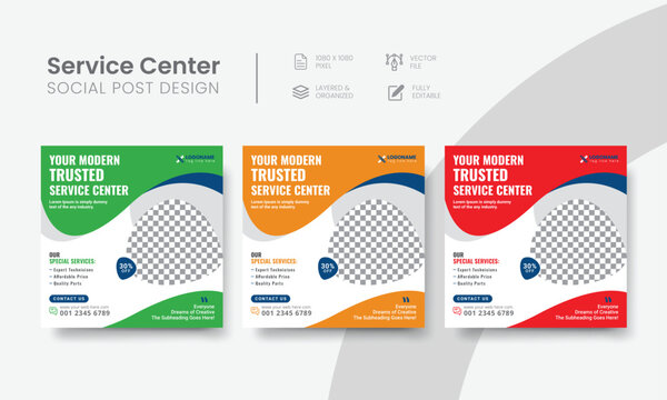 Service center social media post template for tech, & car repair creative banner ads. Functional servicing center social media flyer layout concept. Vol - 29