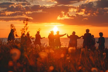 Older Adults Celebrating Friendship During Vibrant Sunset Scenery
