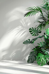 Wall, shadow and silhouette of tree, leaves and plant outdoor with mockup blanc space.