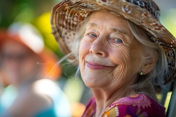 Elderly Woman Celebrates Summer Solstice with Vibrant Smile and Radiant Spirits