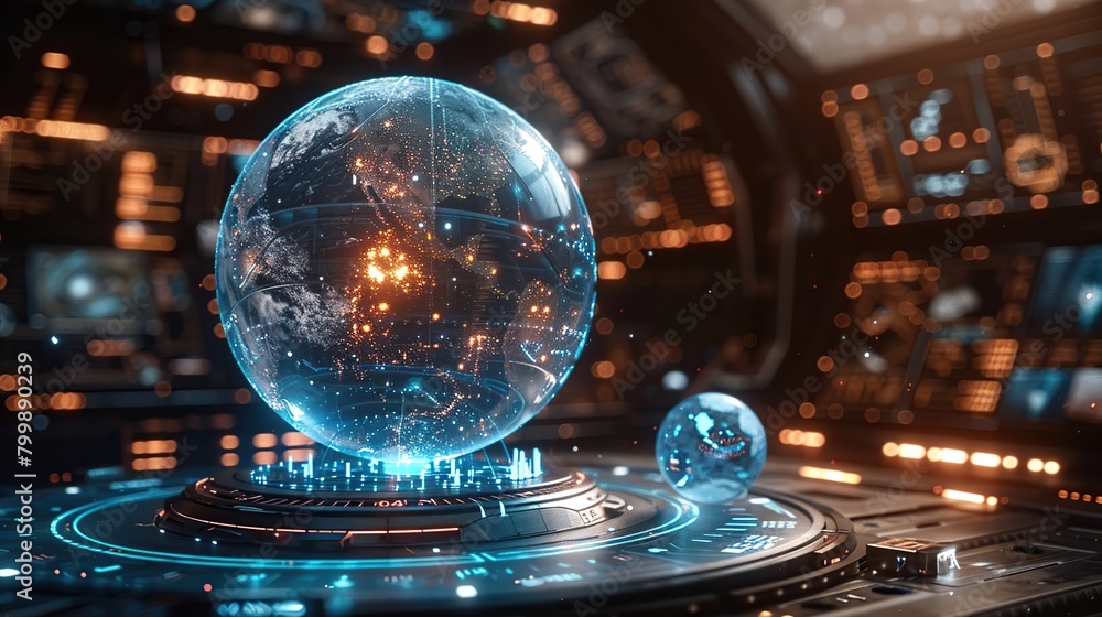 Poster 3d holographic virtual model the planet earth on a abstract technology background.