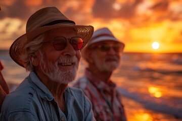 Vibrant Sunset Bliss:Older Friends Cherishing Lasting Memories on the Peaceful Beach