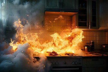 Dramatic and Perilous Electrical Hazard Depicting an Intense Kitchen Fire Caused by a Short Circuit Indoors
