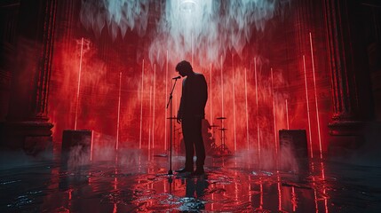 Silhouette of a singer on stage with red background On the floor there was water. Give a mysterious mood