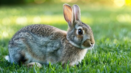 Cute rabbit running and playing in the grass garden