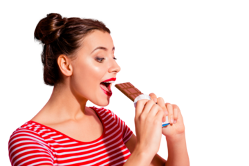 Close-up profile side view portrait of her she nice cute charming attractive lovely glamorous winsome girl wearing striped t-shirt biting desirable fresh dessert isolated over pink pastel background